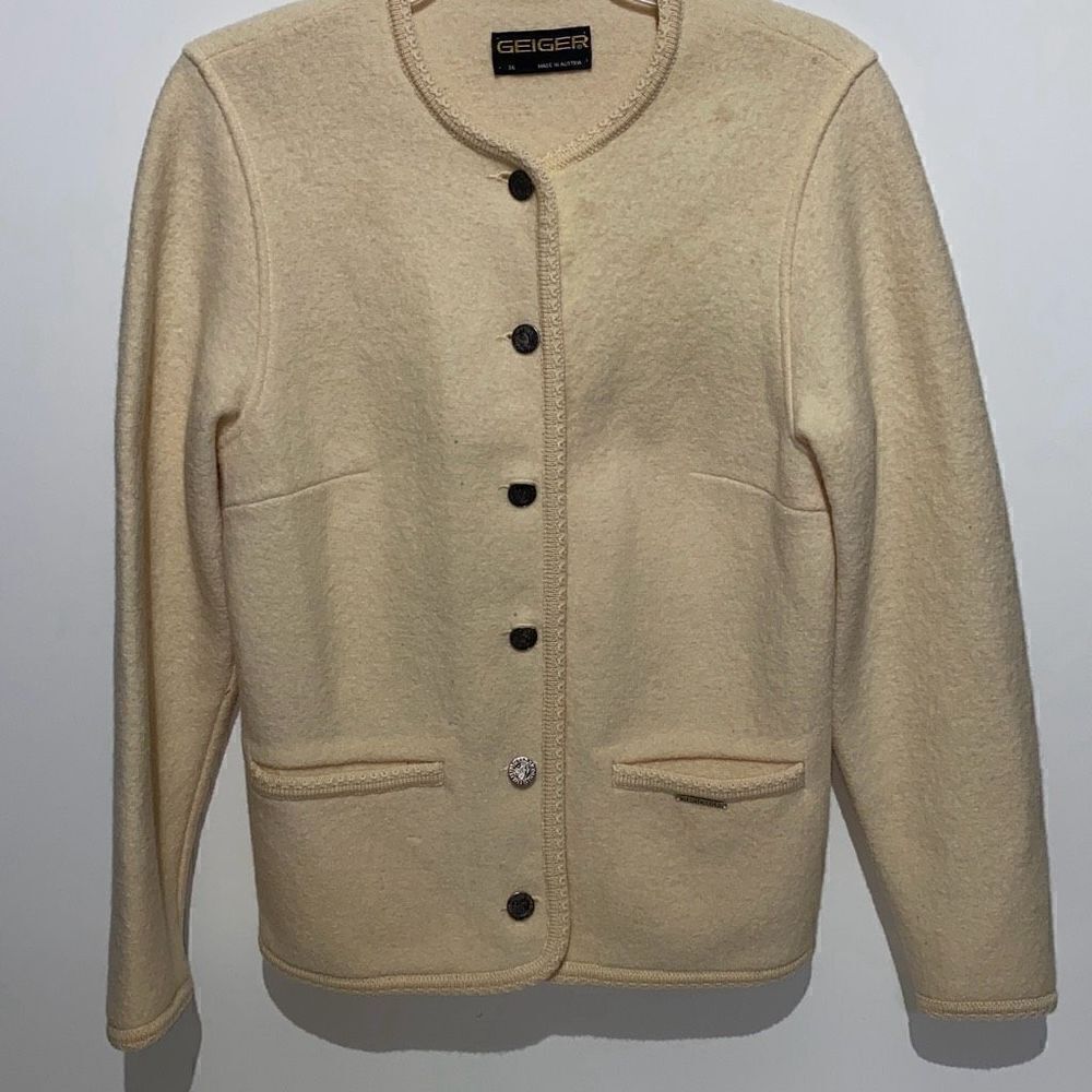 Geiger‎ Women's Long Sleeve Button-Down Wool Preppy Cream Cardigan Size 36